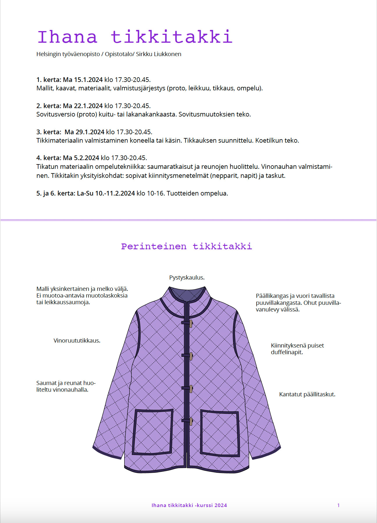 The first page of the course handouts