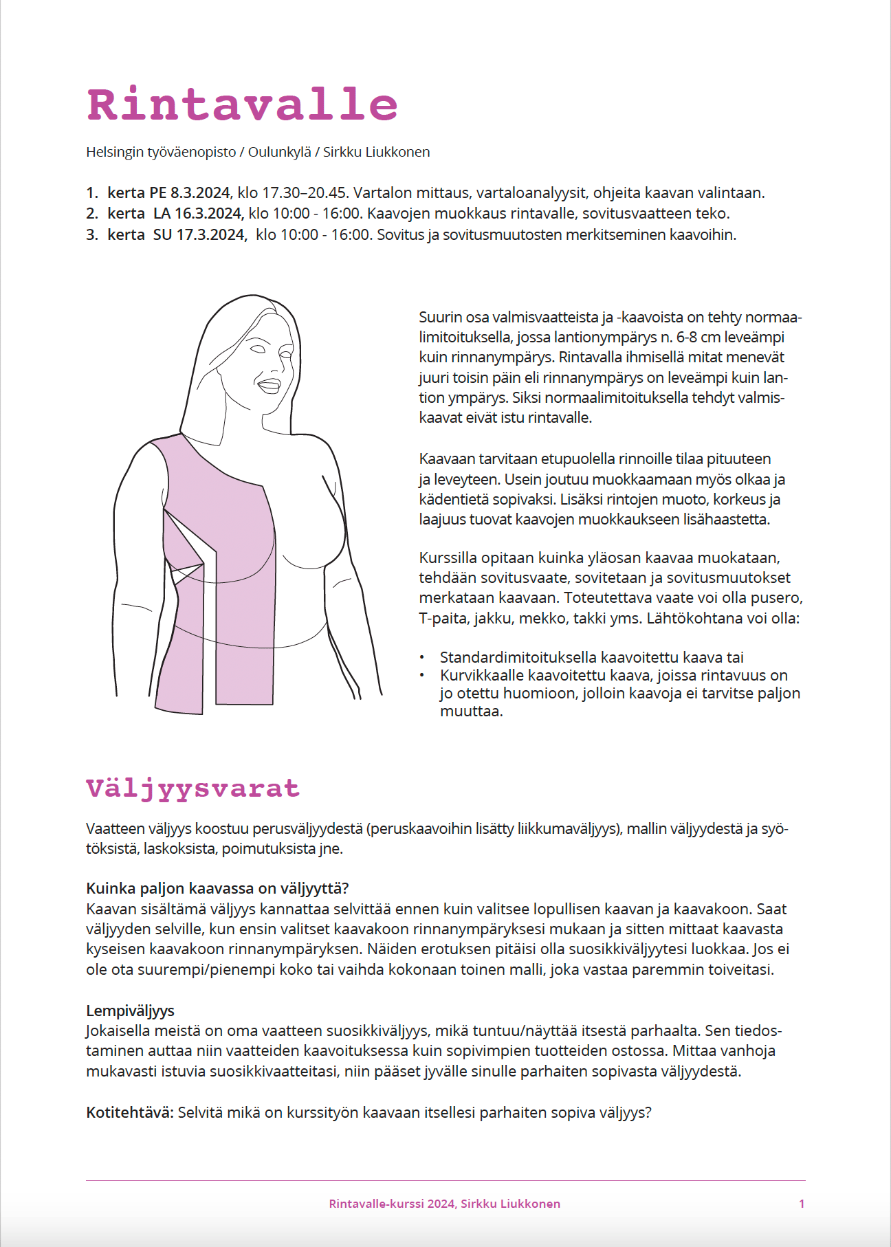 The first page of the course handouts